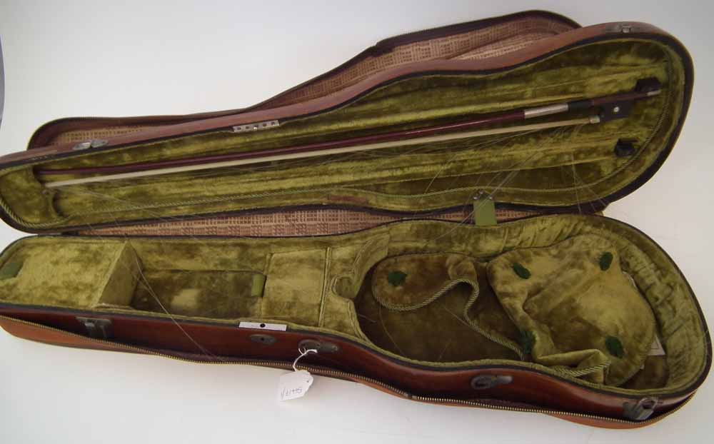 School of Albany Violin, with one piece figured back, red / brown varnish, together with a bow and a - Image 17 of 25