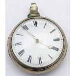 Silver pair cased pocket watch, case Birmingham 1813, white enamel Roman dial, fusee and verge