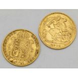 Victoria gold half-sovereign, 1892, F; George V gold half-sovereign, 1914, VF (2)