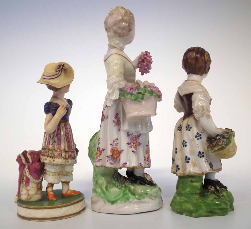 Three Derby figures of girls circa 1800 two modelled with baskets of fruit and flora, one modelled - Image 2 of 10