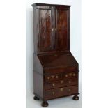 Figured walnut veneered small bureau bookcase, William & Mary with restorations, the upper part of