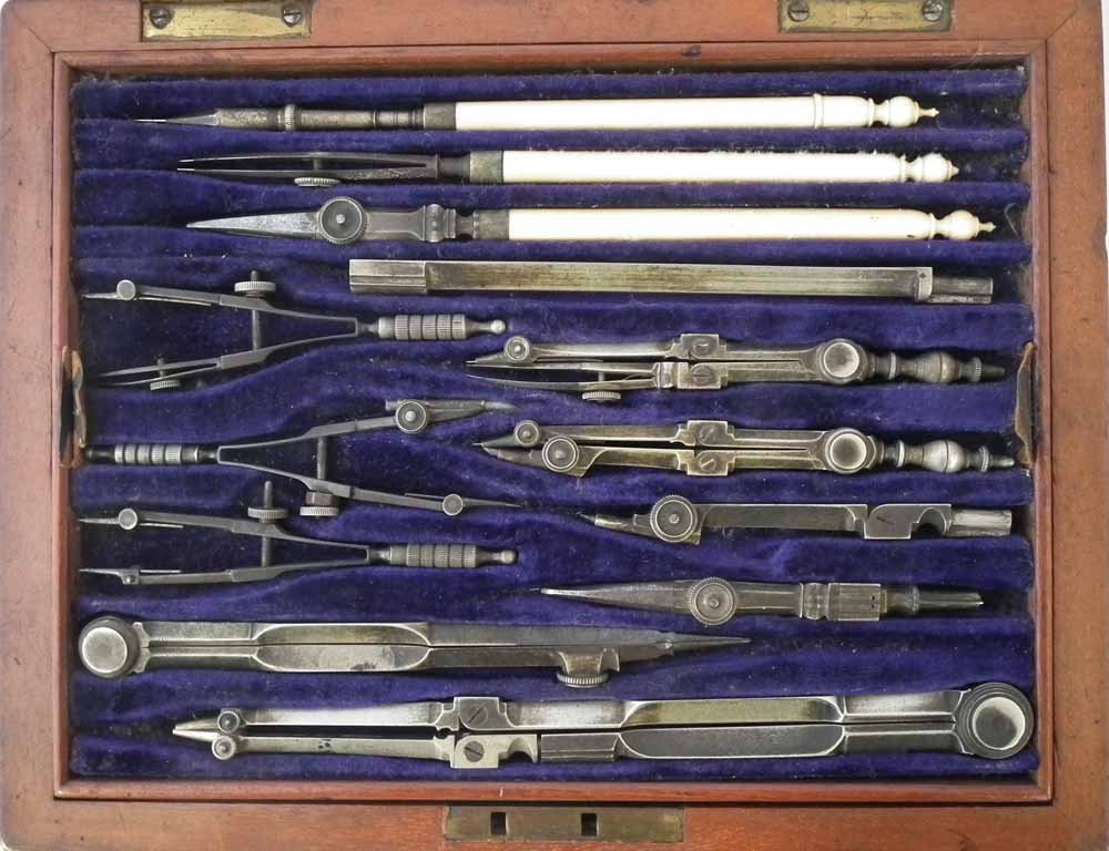 Mahogany cased technical drawing instrument set with three tiers, fitted out with ivory rulers and - Image 3 of 14