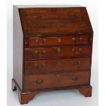 Yew wood small bureau, the fall revealing a fitted interior over four long graduated drawers with