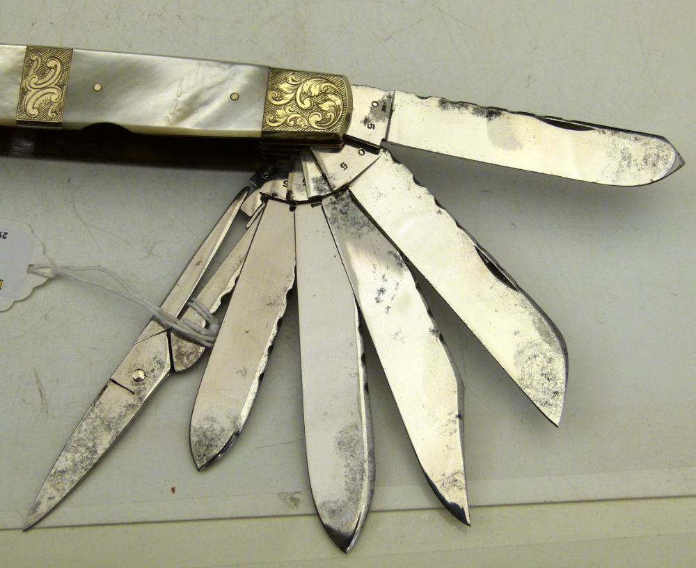 Stan Shaw exhibition pocket knife with mother-of-pearl grips,signed SS-80, fitted with eleven Wm - Image 8 of 18