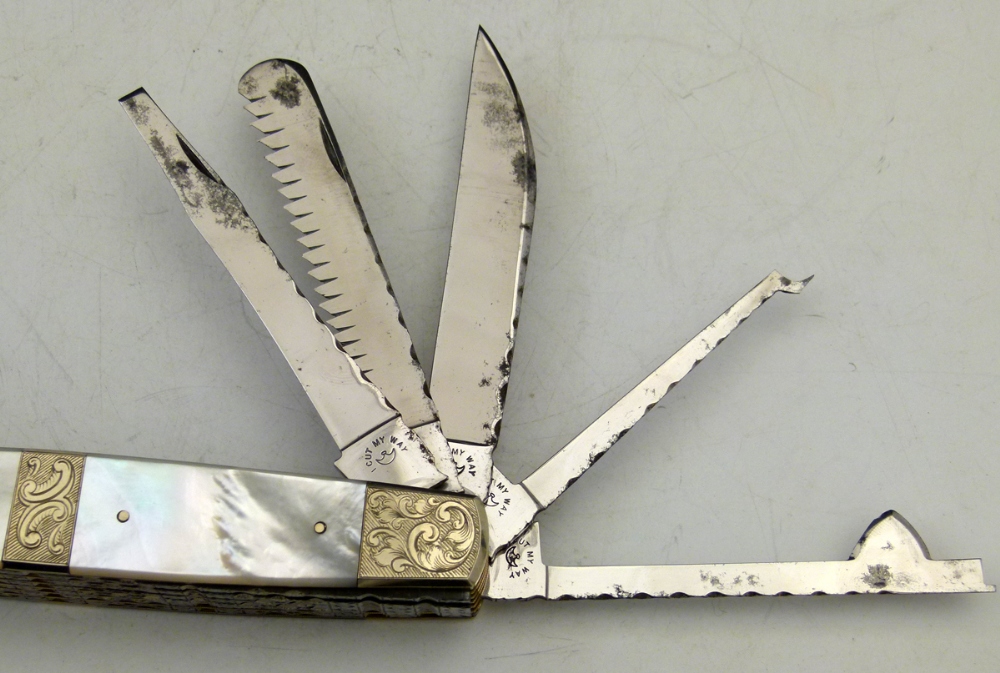 Stan Shaw exhibition pocket knife with mother-of-pearl grips,signed SS-80, fitted with eleven Wm - Image 9 of 18