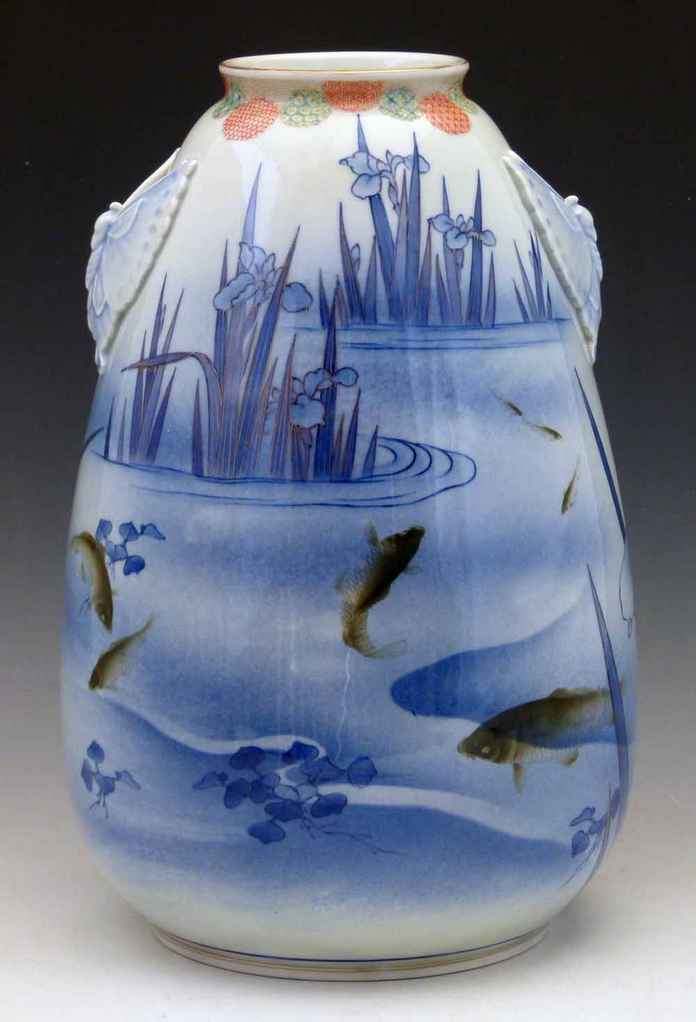 Japanese Fukugawa Nishikide Wara pear shaped large vase, 20th century, decorated with carp in a