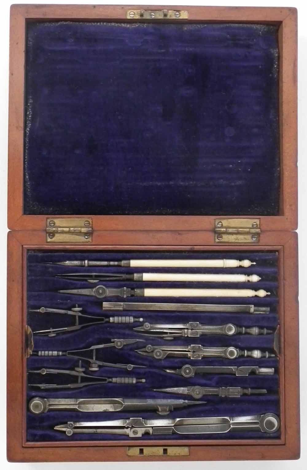 Mahogany cased technical drawing instrument set with three tiers, fitted out with ivory rulers and - Image 2 of 14
