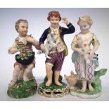 Three Derby figures of children 1770 to 1830, model with a hat of flowers, pet lamb, and pet dog,