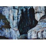 Ken Wood, 20th century, "Gordale Scar, Malham Cove", signed, titled on verso, acrylic on board, 50.5