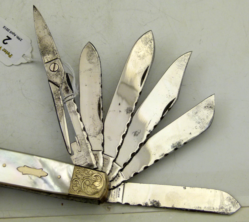 Stan Shaw exhibition pocket knife with mother-of-pearl grips,signed SS-80, fitted with eleven Wm - Image 7 of 18