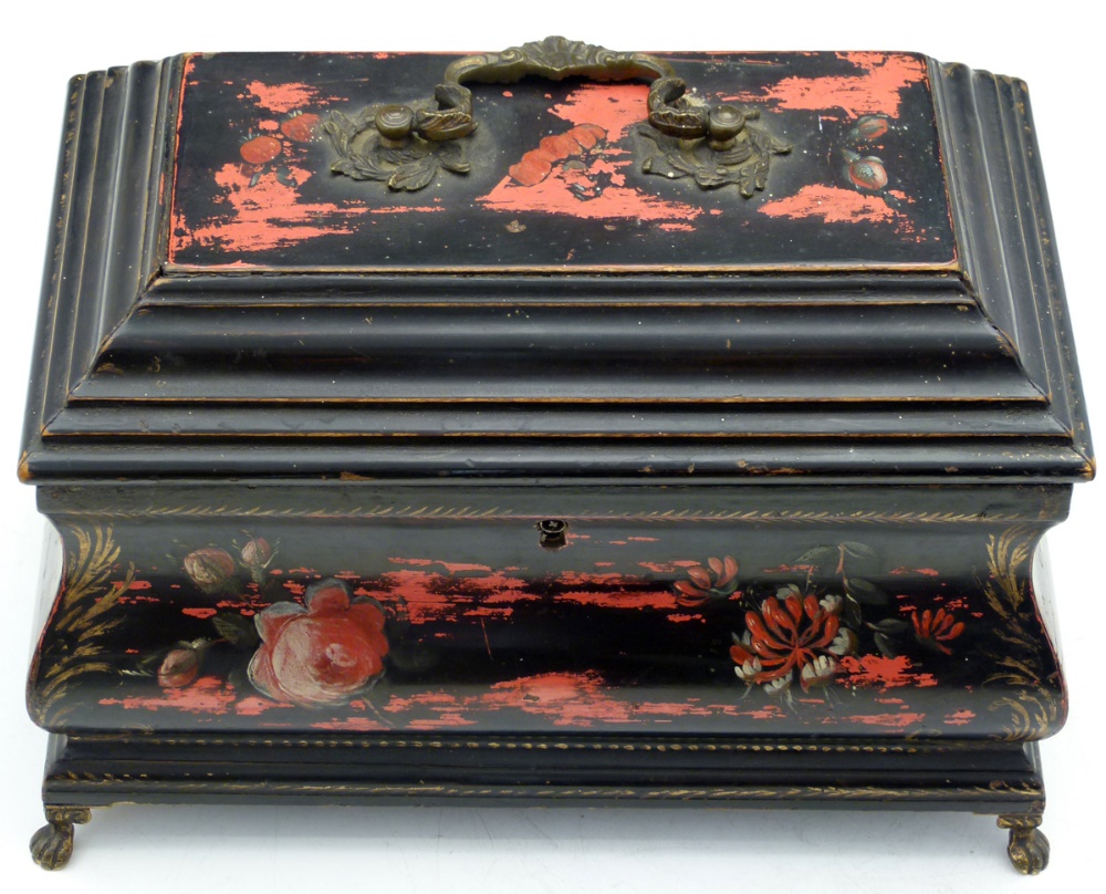 George III lacquered wood teacaddy of black ground painted with flowers, red lacquered interior - Image 2 of 4