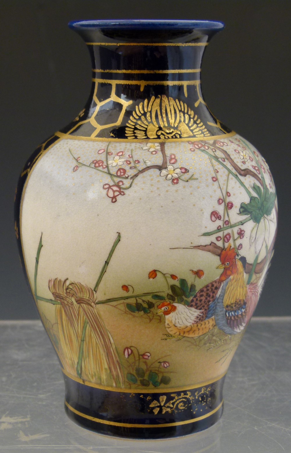 Small Japanese Satsuma vase painted with panels of a cockerel and other birds, remains of seal mark, - Image 5 of 10