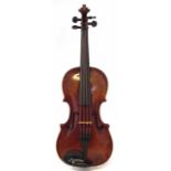 School of Albany Violin, with one piece figured back, red / brown varnish, together with a bow and a