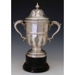 Silver two-handled trophy cup and cover, JA Restall, Birmingham 1926, applied with fancy strapwork