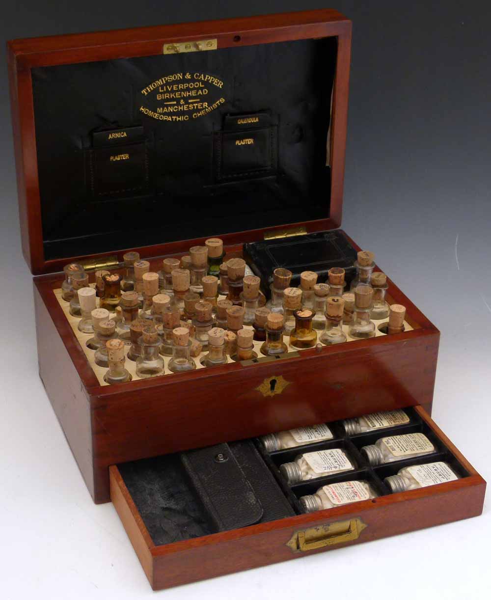 Late Victorian mahogany homeopathic medicine chest by Thompson & Capper, Homeopathic Chemists, the