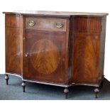 Inlaid neo-classical mahogany breakfront cabinet, the sunburst top over a central drawer and door