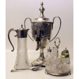 Plated samovar, cruet set, ewer, silver spoon etc. Condition report: see terms and conditions