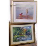 Two large framed modern prints one with Children on the beach, the other a river scene. Condition