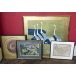 Assortment of a framed map of Cheshire; Oriental print and another, together with an original