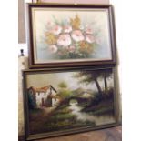 Oil painting of a cottage signed Lucas and modern oil on canvas of roses (2). Condition report: