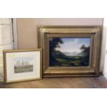 Oil on board 20th century reproduction of a 19th century landscape, also a signed print of Salisbury
