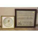 Hand worked cross stitch samplet by Elizabeth Whitehurst 1834 and a Bas-relief portraint by Taber,