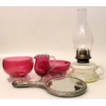 Glass oil lamp, three pieces ruby glass and embossed ressing mirror. Condition report: see terms and