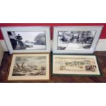 Three framed sporting prints, Widdicombe fair print and two monochrome photos of Castle Howard.