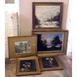 Five assorted 19thC paintings to include "on the medlock" by CW Smith & winter rural scene by