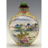 Canton enamel snuff bottle, painted on either side with landscapes, on a yellow floral ground,