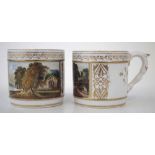 Two Derby porter mugs circa 1800    of small size painted with landscapes within gilded borders, red