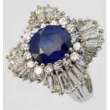 White gold sapphire and diamond large fancy ring, the central oval sapphire approximately 4ct,