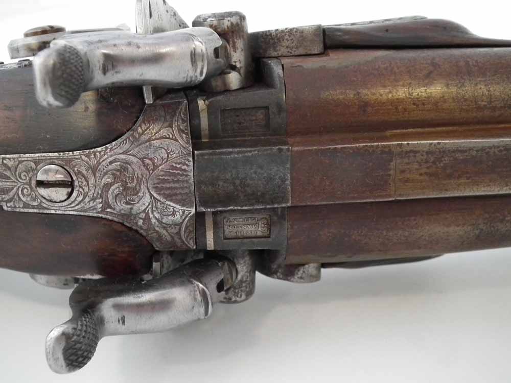 Percussion double barrel shotgun by Joseph Manton London, converted from flintlock, with Damascus 16 - Image 8 of 11