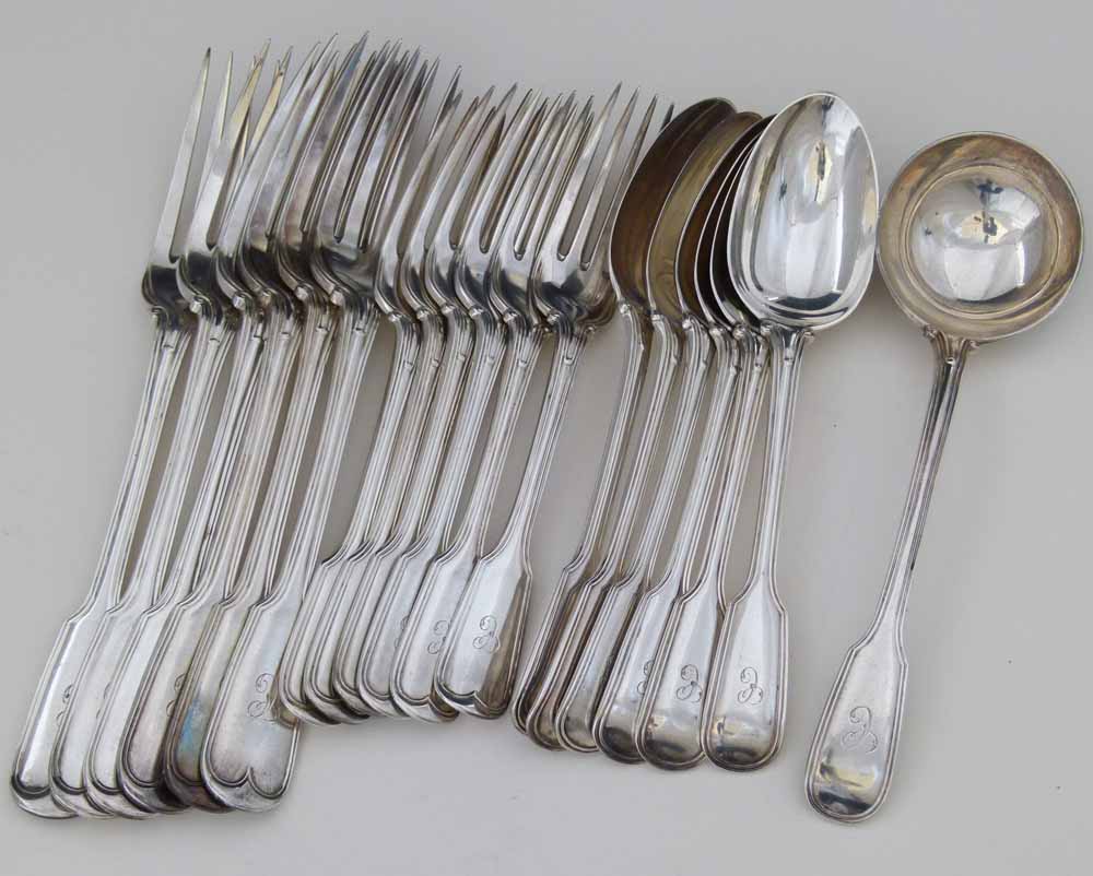 Victorian silver fiddle & thread pattern flatware of six dessert forks, six dessert spoons, six