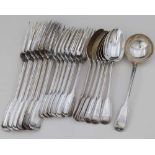 Victorian silver fiddle & thread pattern flatware of six dessert forks, six dessert spoons, six