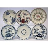 Six 18th century English porcelain saucers   four by Worcester (one with workman's mark) a Lowestoft