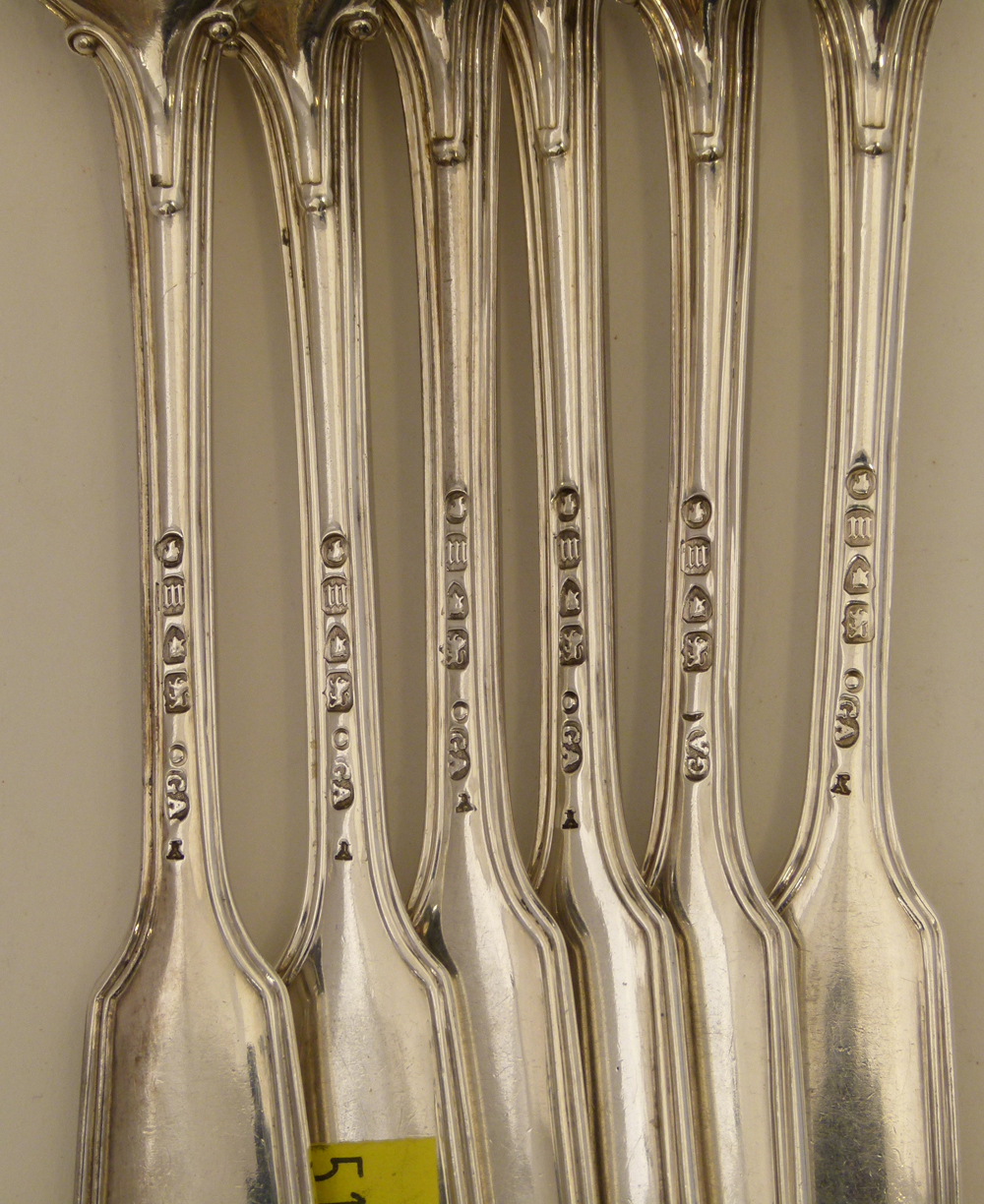 Victorian silver fiddle & thread pattern flatware of six dessert forks, six dessert spoons, six - Image 9 of 14