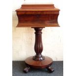 Early Victorian mahogany teapoy, the rectangular box top enclosing four caddies and two bowls, on