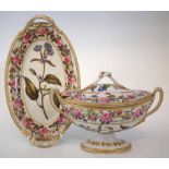 Derby tureen and cover with stand circa 1800, finely painted with titled botanical studies, blue