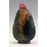 Pear shaped moss agate snuff bottle, the pale orange body with green and white inclusions, rose