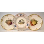Pair of K.P.M. plates, finely painted with fruit studies, printed marks to bases, also Meissen plate
