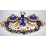 English porcelain desk set possibly Coalport circa 1830   painted with flora and a blue and yellow