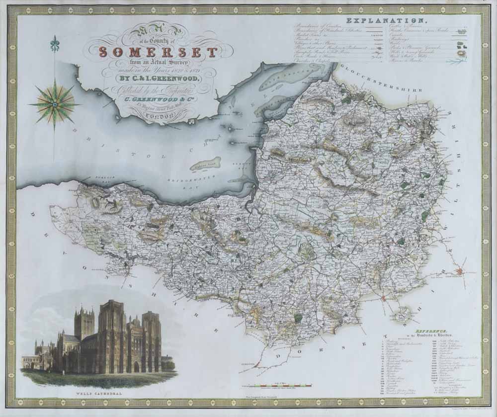 Assortment of various framed maps by C & J Greenwood to include Nottingham; Stafford; Somerset;