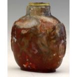 Agate snuff bottle, the predominantly red body displaying swirls of green, fissures, dark filaments,