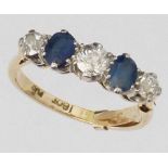 18ct gold and platinum five-stone diamond and sapphire ring, old cut, 4.2g gross. ring size O.