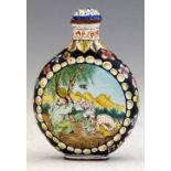 Canton enamel moon flask shaped snuff bottle painted on either side with boys at play, on a black