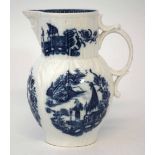 Caughley mask jug circa 1785,   printed with The Pleasure Boat pattern in underglaze blue, 'So' ,