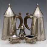Early Georgian style silver chocolate pot and matching milk jug, both with wooden handles, Sheffield