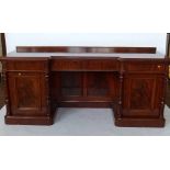 Victorian mahogany twin pedestal sideboard with a reverse breakfront top, length 223cm.