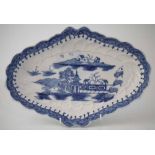 Rare Caughley dish circa 1795,   painted with an un-recorded landscape in underglaze blue, 30cm wide